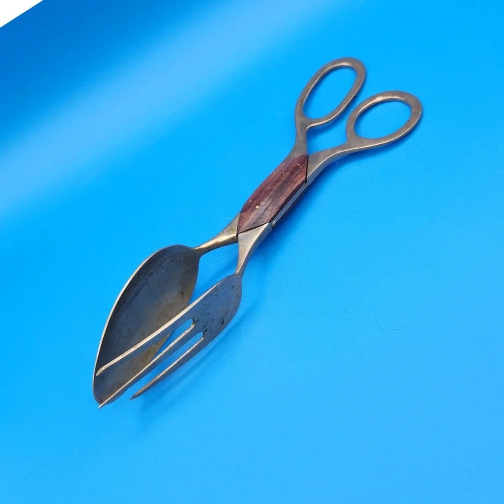 MCM Vintage Scissor Style Brass & Rosewood Salad Tongs Detachable Design